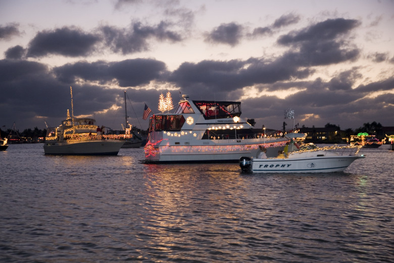 boat with christmas lights