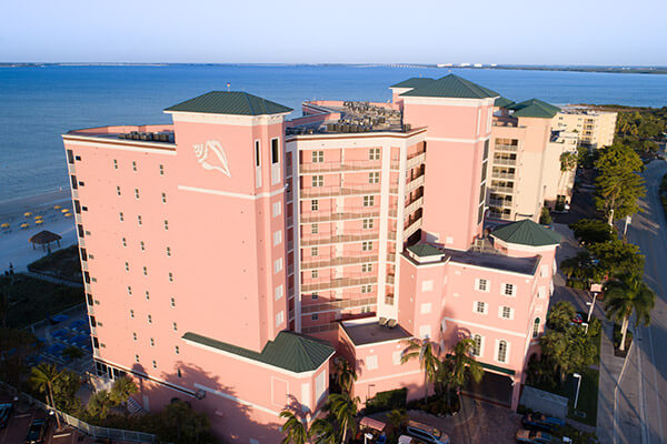 Aerial shot of Pink Shell Resort in Fort Myers Beach